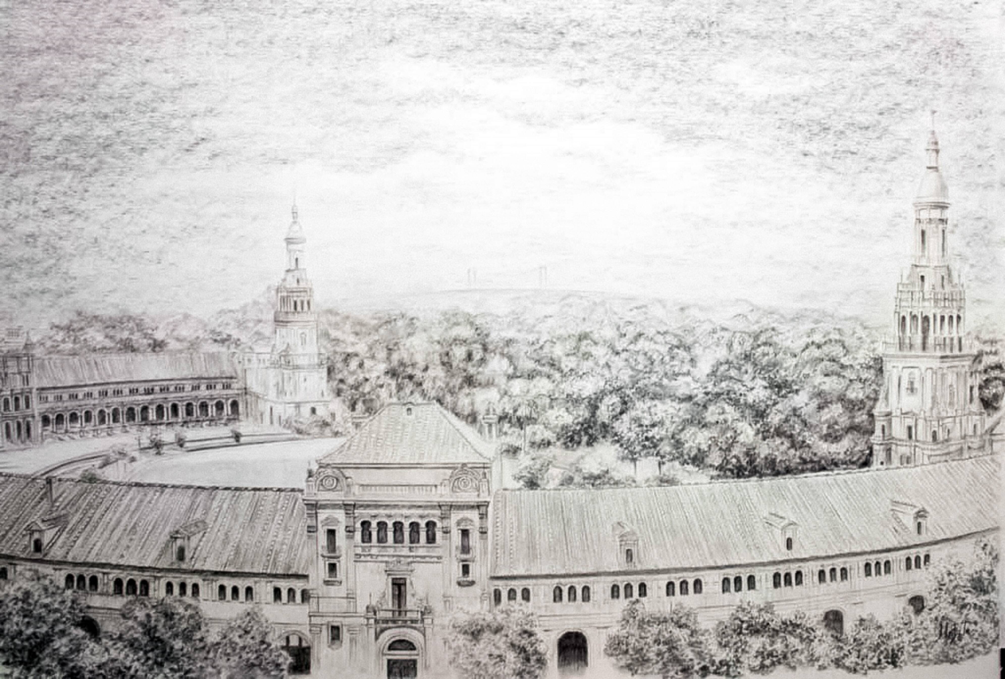 Plaza de España in Seville. Charcoal and graphite drawing. Seville Plaza de España.