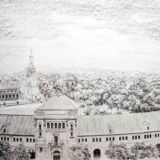 Plaza de España in Seville. Charcoal and graphite drawing. Seville Plaza de España.