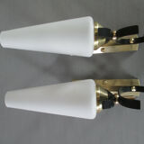 Pair of opaline tulip brass wall lamps