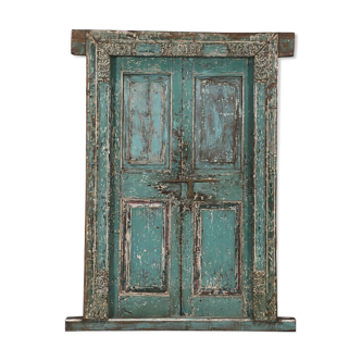 Porte indienne verte ancienne 154x20x225cm