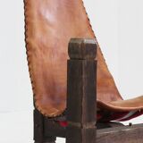 Vintage Brutalist tripod chair leather and wood