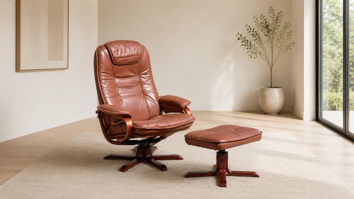 Scandinavian brown leather recliner lounge chair with ottoman, circa 1990