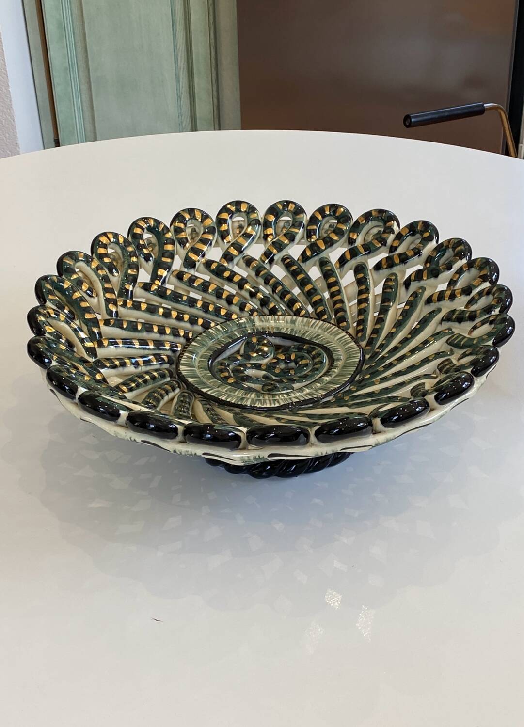 Large woven and twisted ceramic basket, Fase, Vallauris