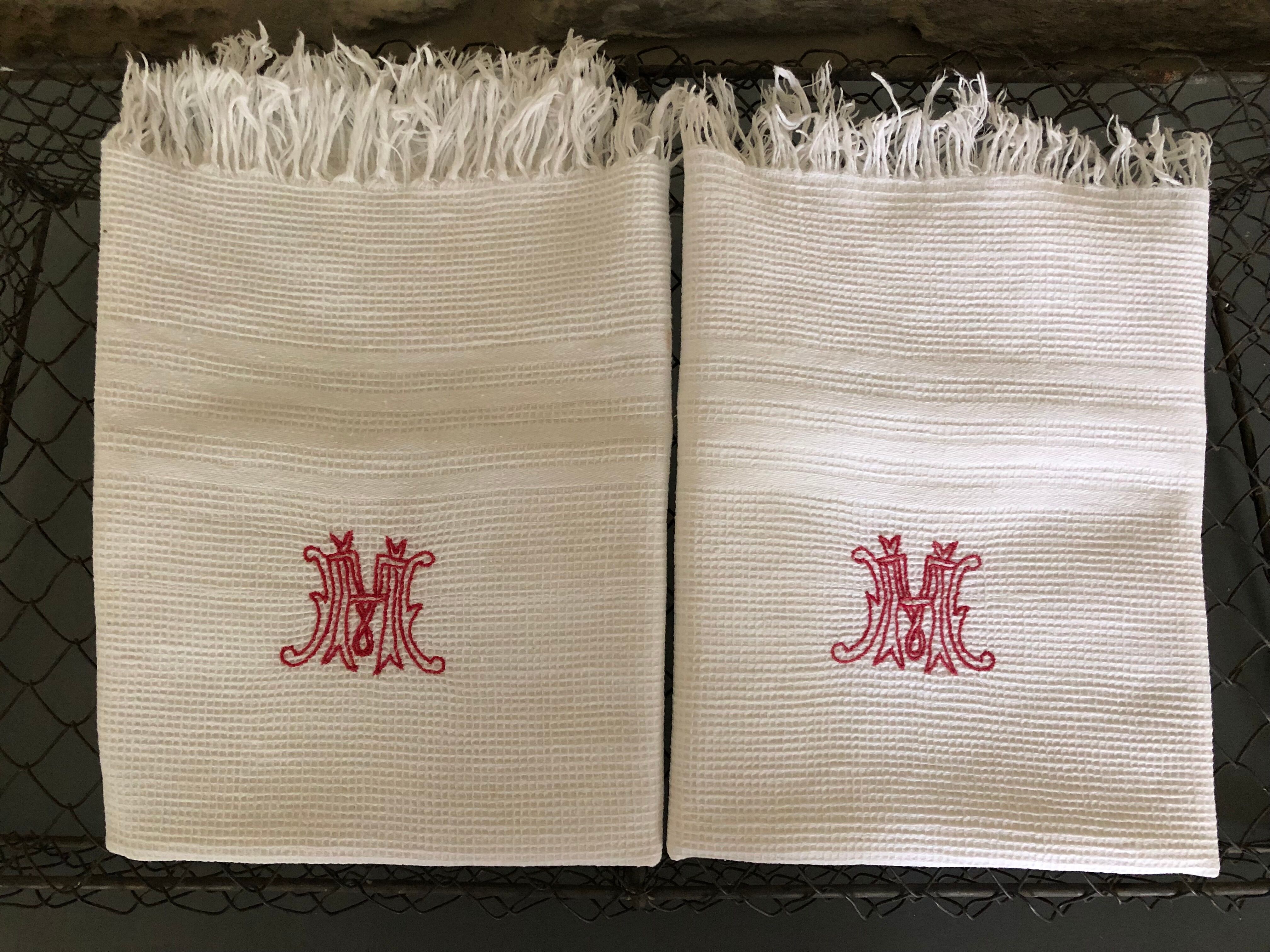 Paire de serviettes nid d'abeille, monogramme M