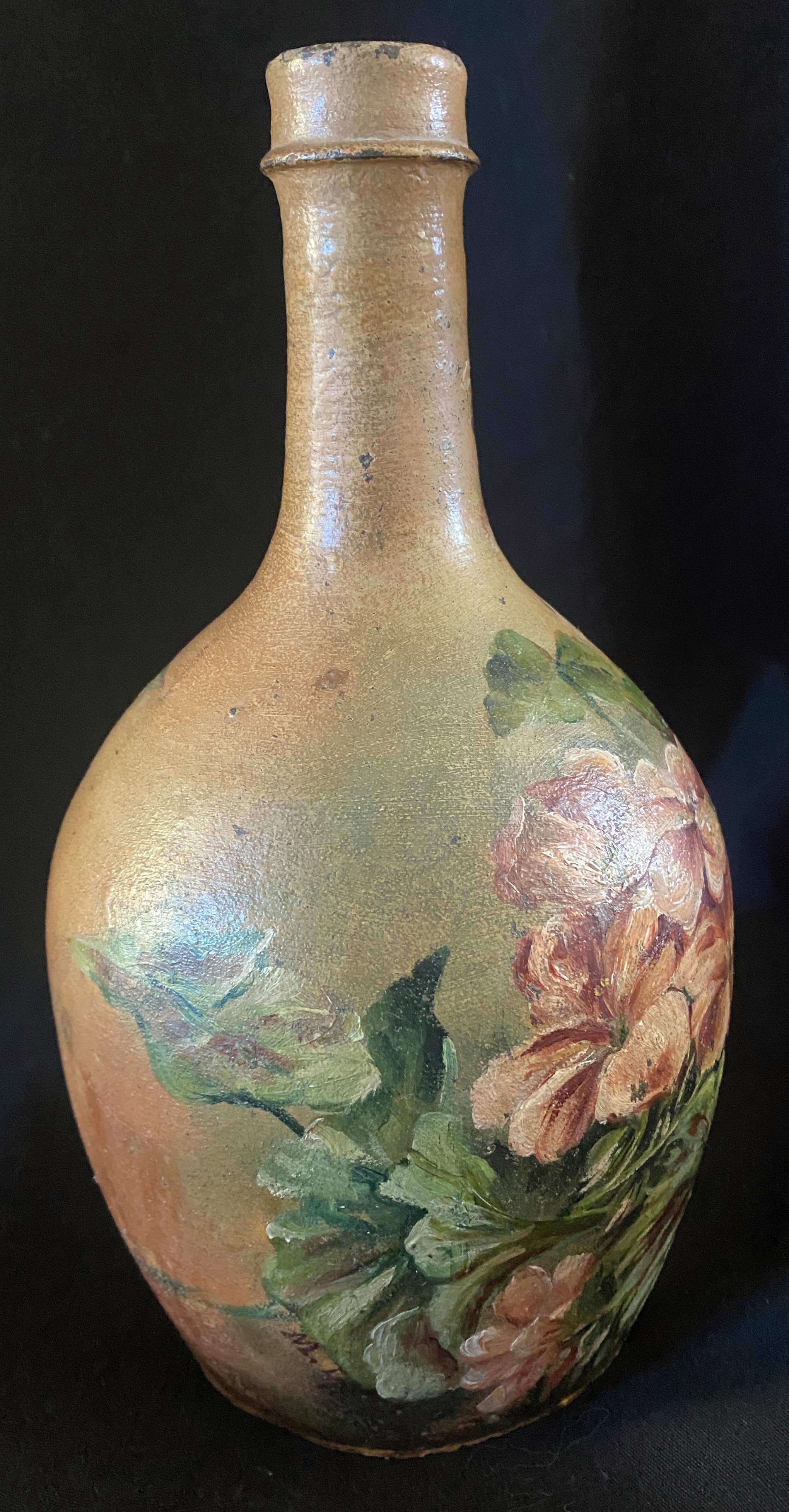 Beautiful bottle A ancient sandstone painted with floral motifs Folk art Puisaye