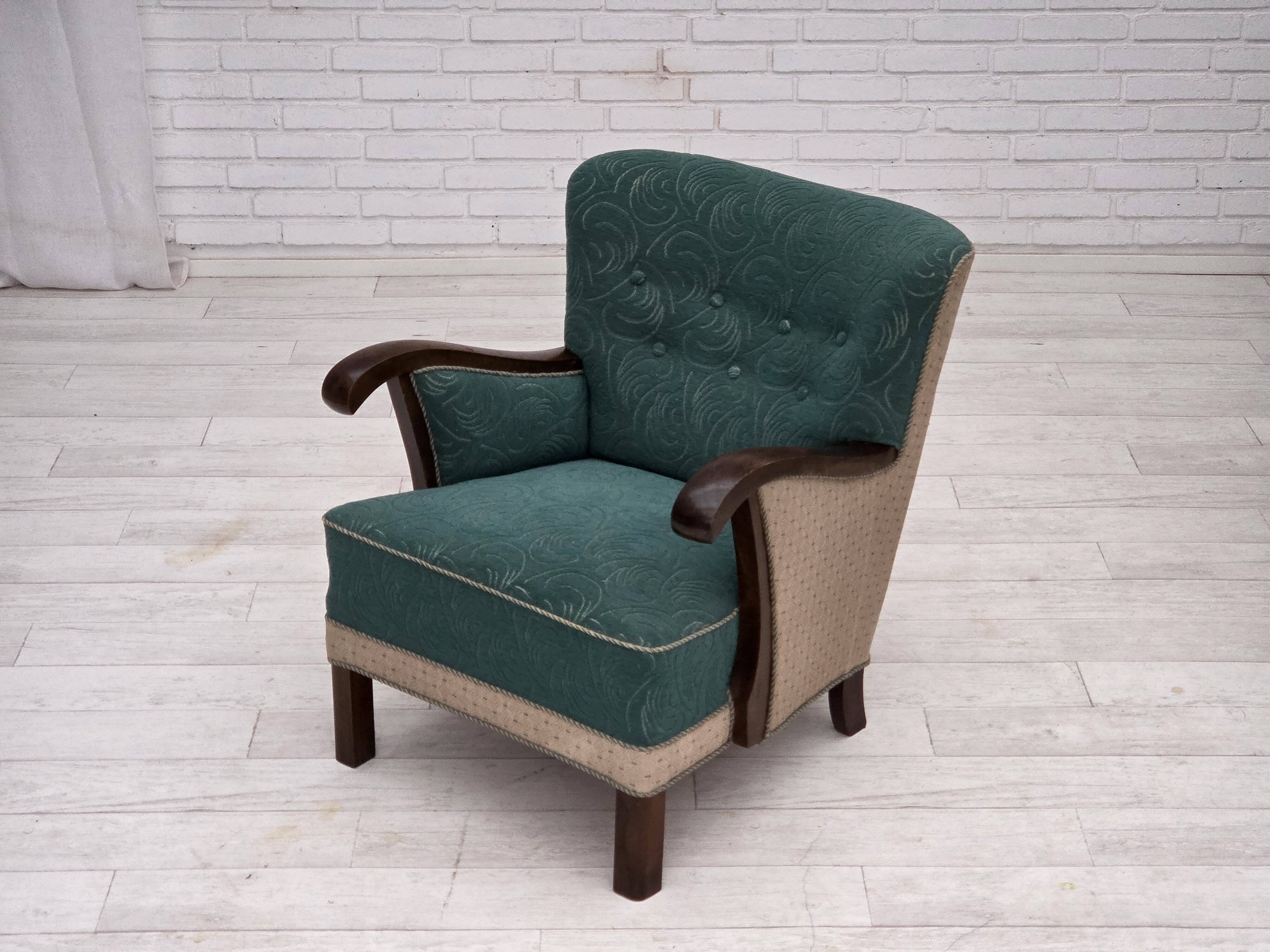 1950s, Danish armchair, original green/beige furniture wool, beech wood.