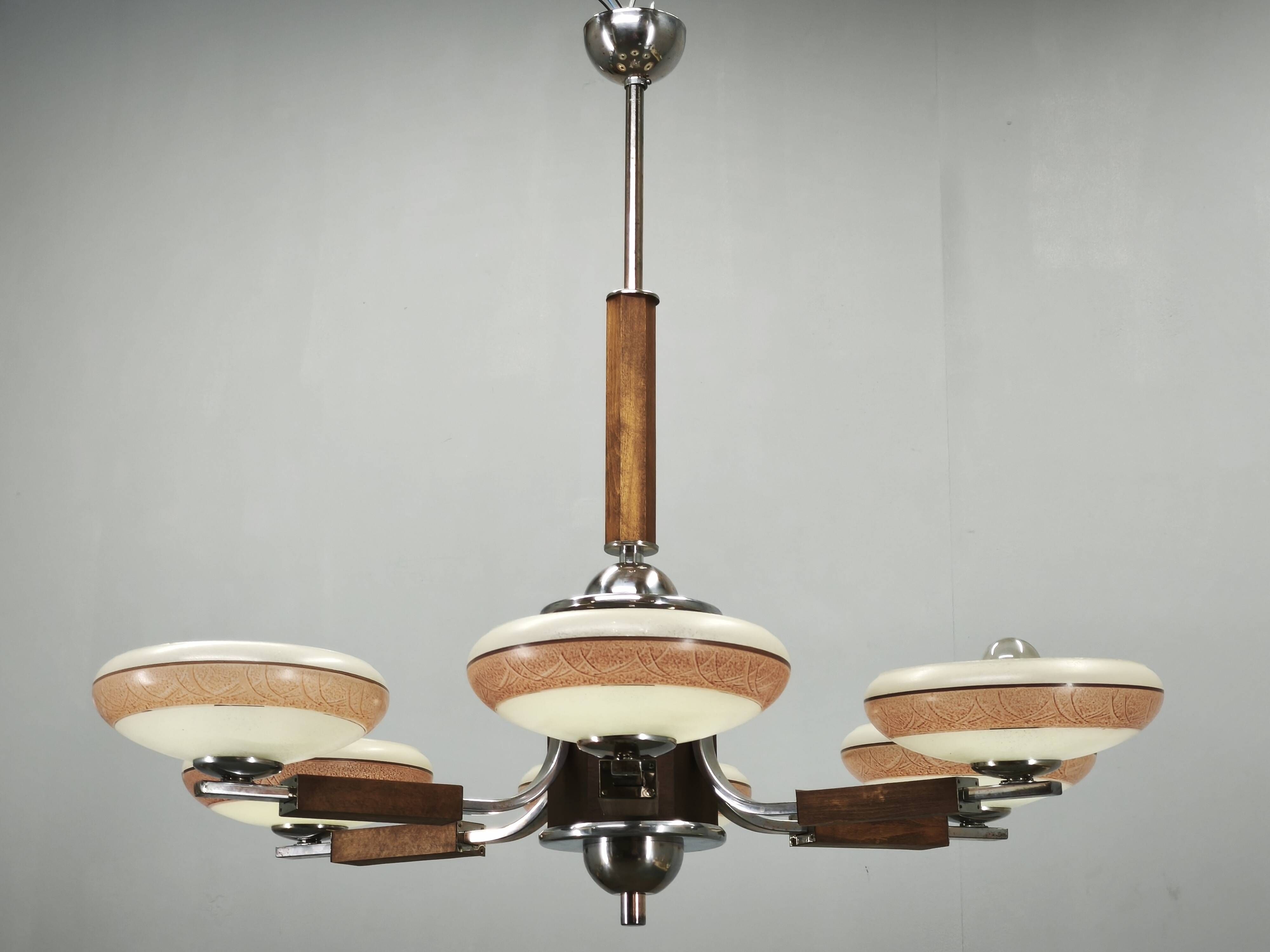 Large Art Deco Chrome, Wood and Glass Six-Light Chandelier, 1930s
