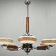 Large Art Deco Chrome, Wood and Glass Six-Light Chandelier, 1930s