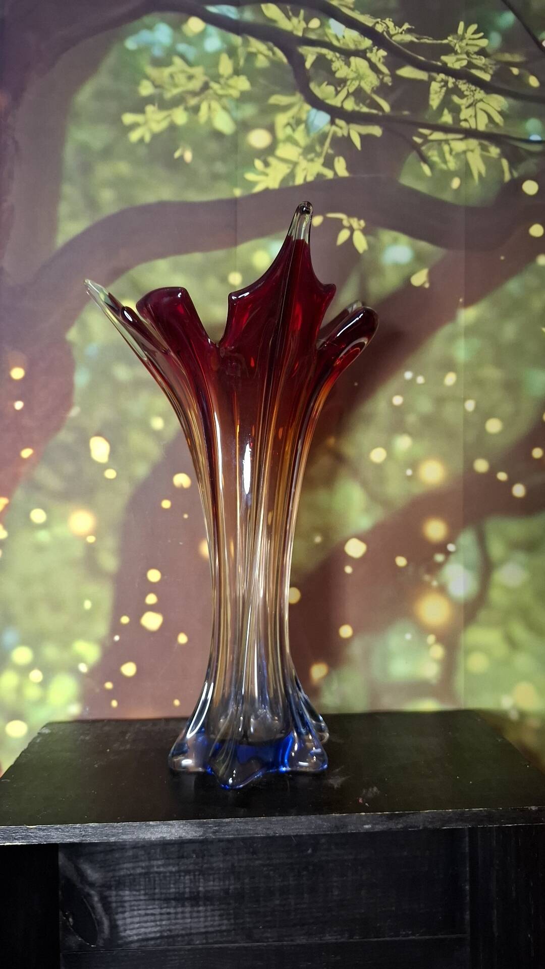 Murano glass vase, blown, gradient red, original antique label.