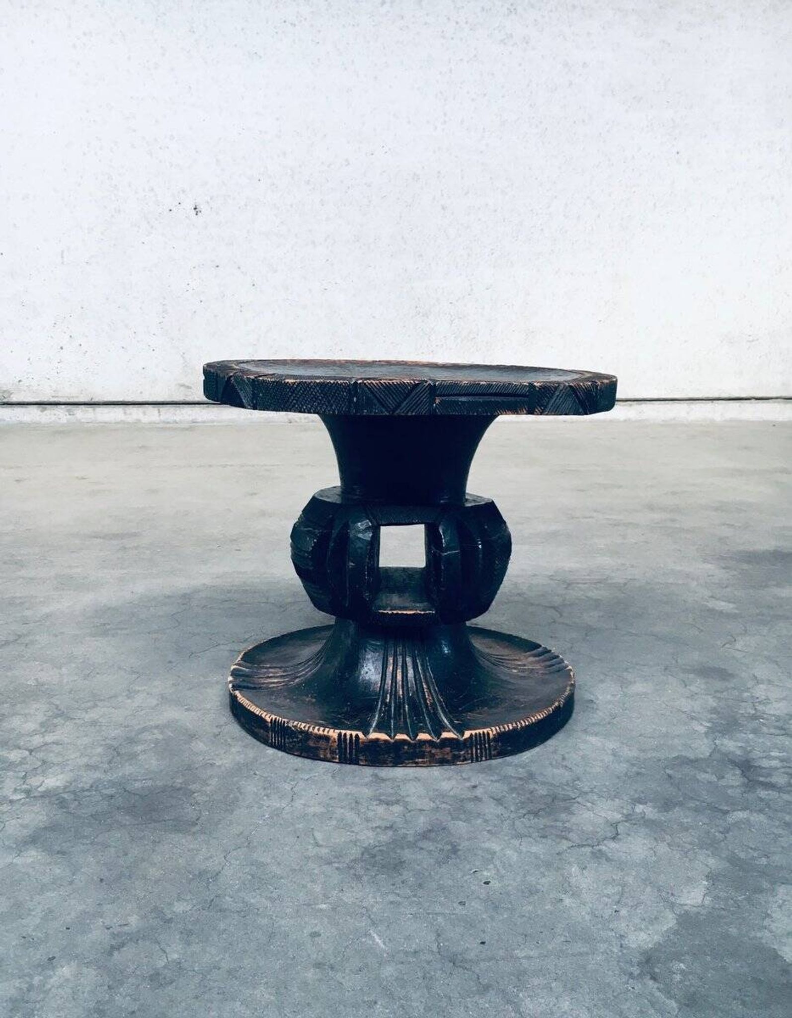 Handcrafted Low Stool in Carved Stained Wood, Africa, 1950s