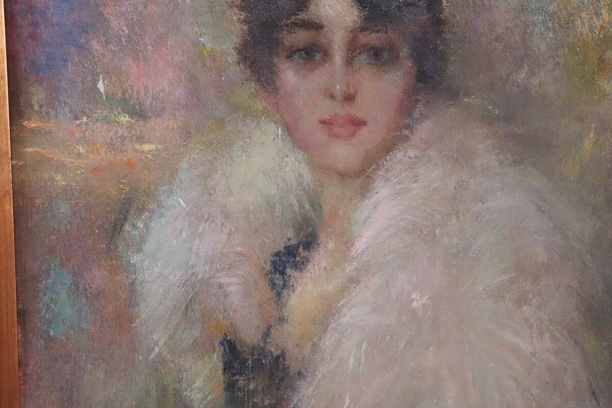 Oil painting on canvas, portrait of a young woman, Italy signed and dated 1917