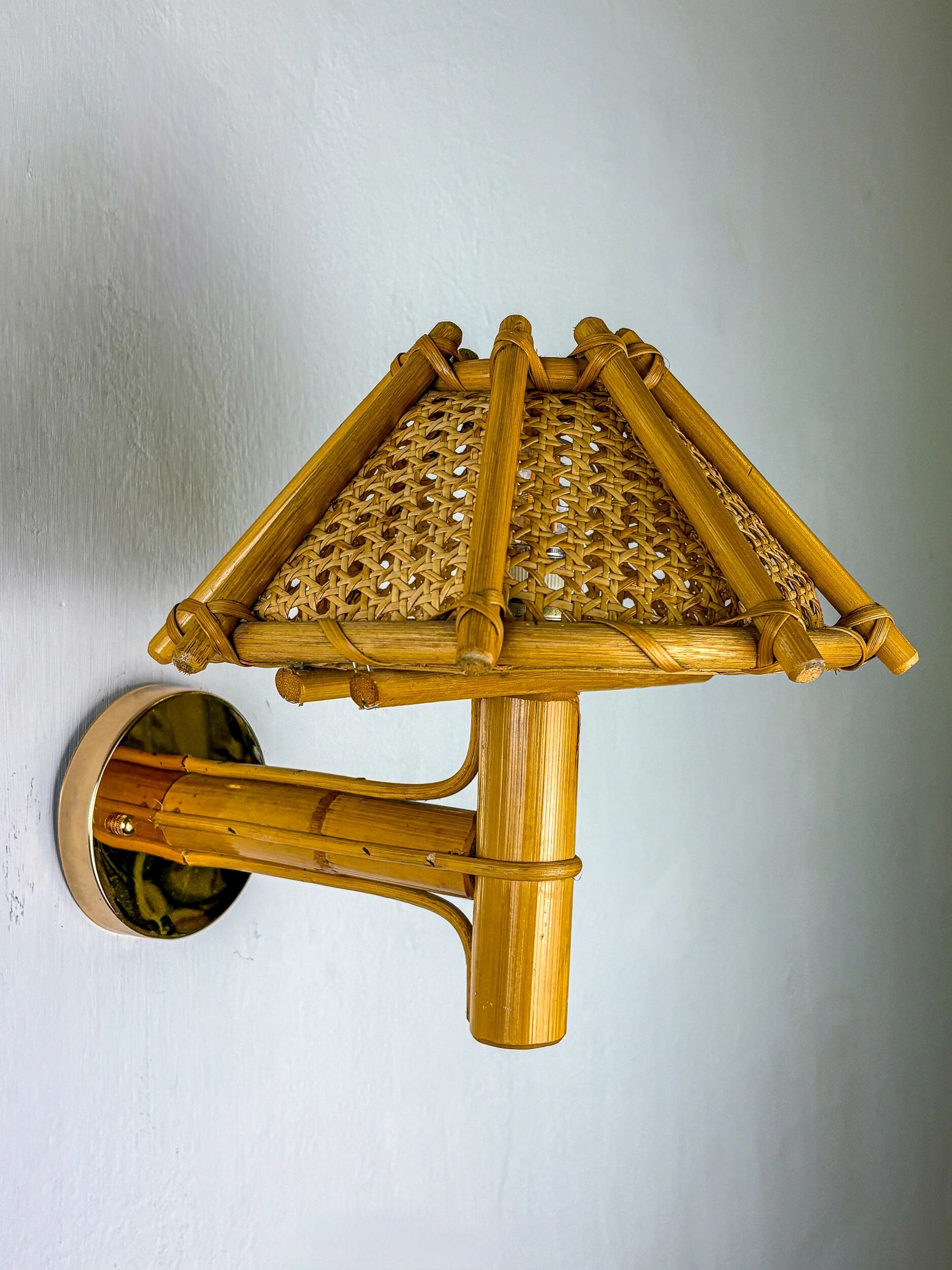 Rattan bamboo wall light with woven wicker shade, Italy, 1960s