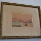 Peinture à l'aquarelle ancienne paysage de bord de mer signé H. Jeannolle XIXe s