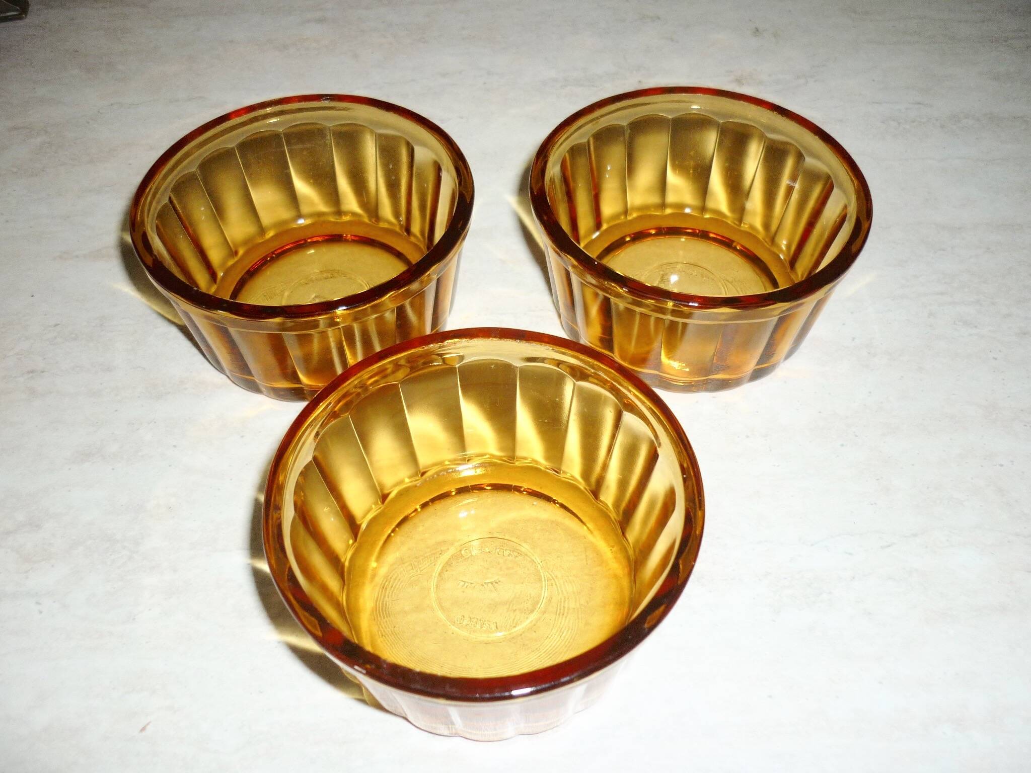 3 vintage Vereco amber glass ramekins