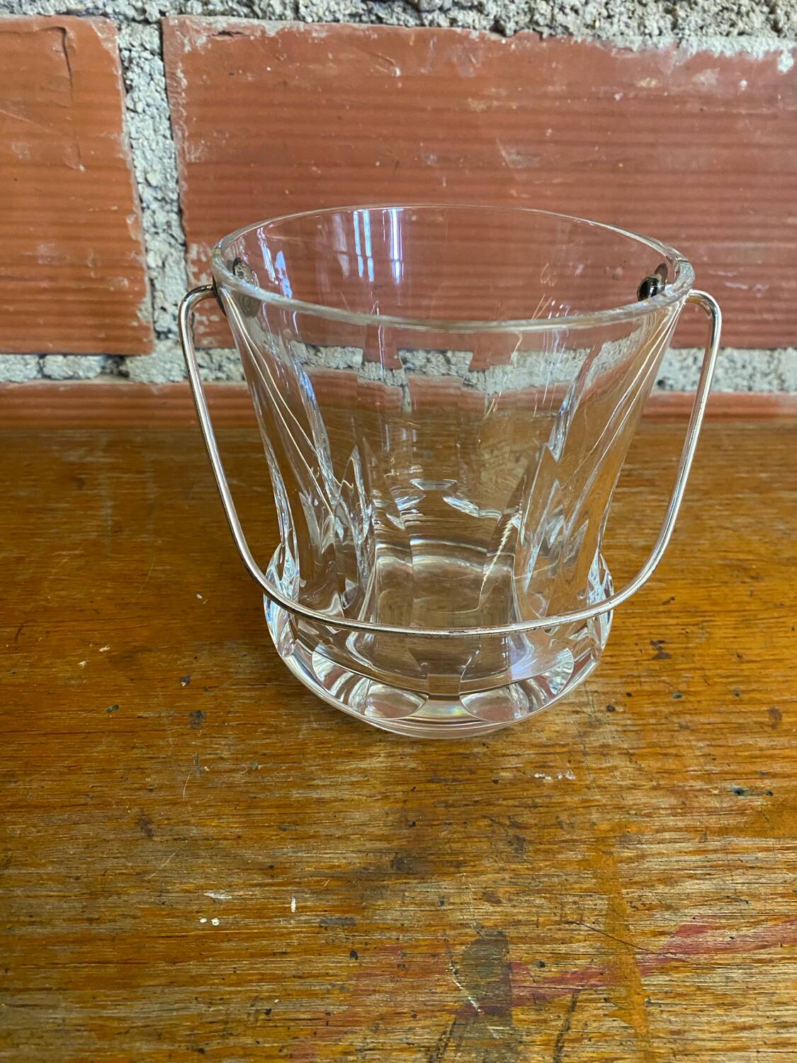 Vintage crystal ice bucket with mold and chrome metal handle