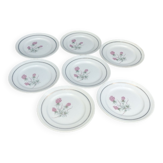 Lot de sept assiettes plates en porcelaine orchies moulin des loups décor de lilas rose