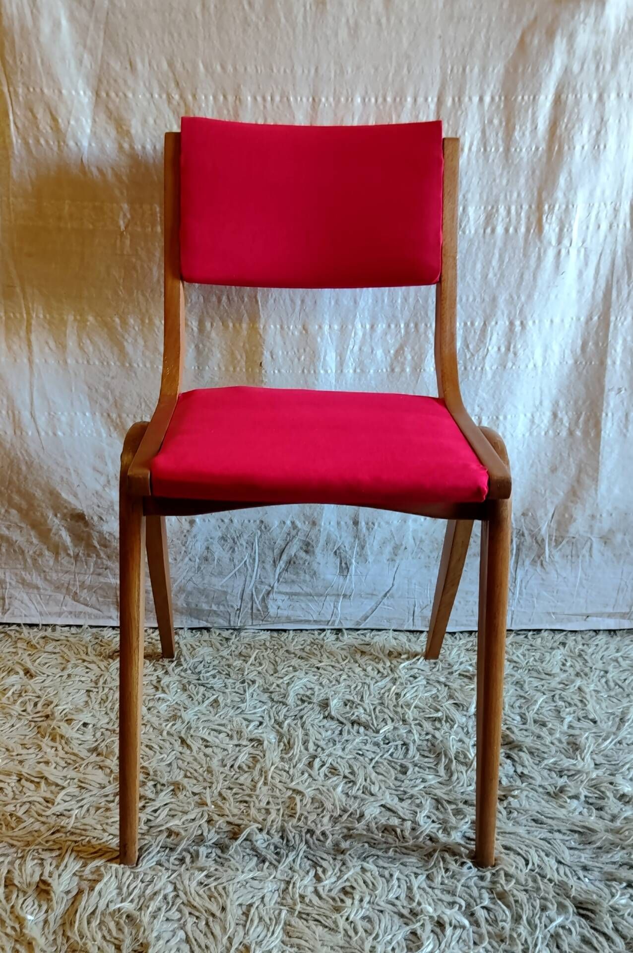 Solid wood chair with red fabric - 50's design