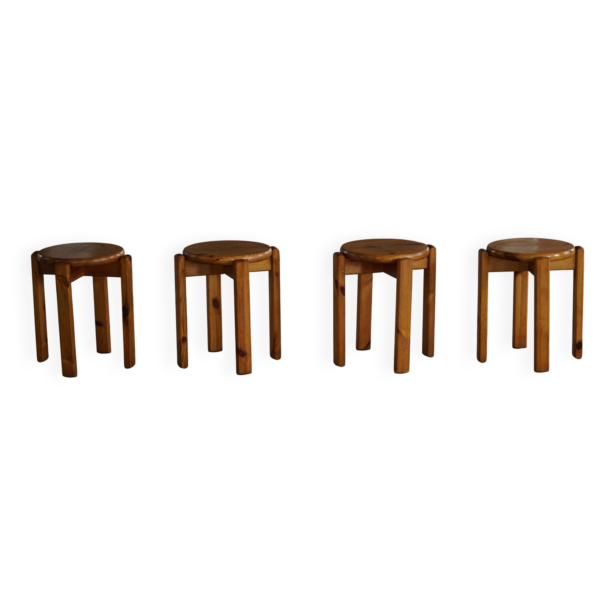 Mid-20th century, set of 4 vintage stackable pine stools, Danish design.