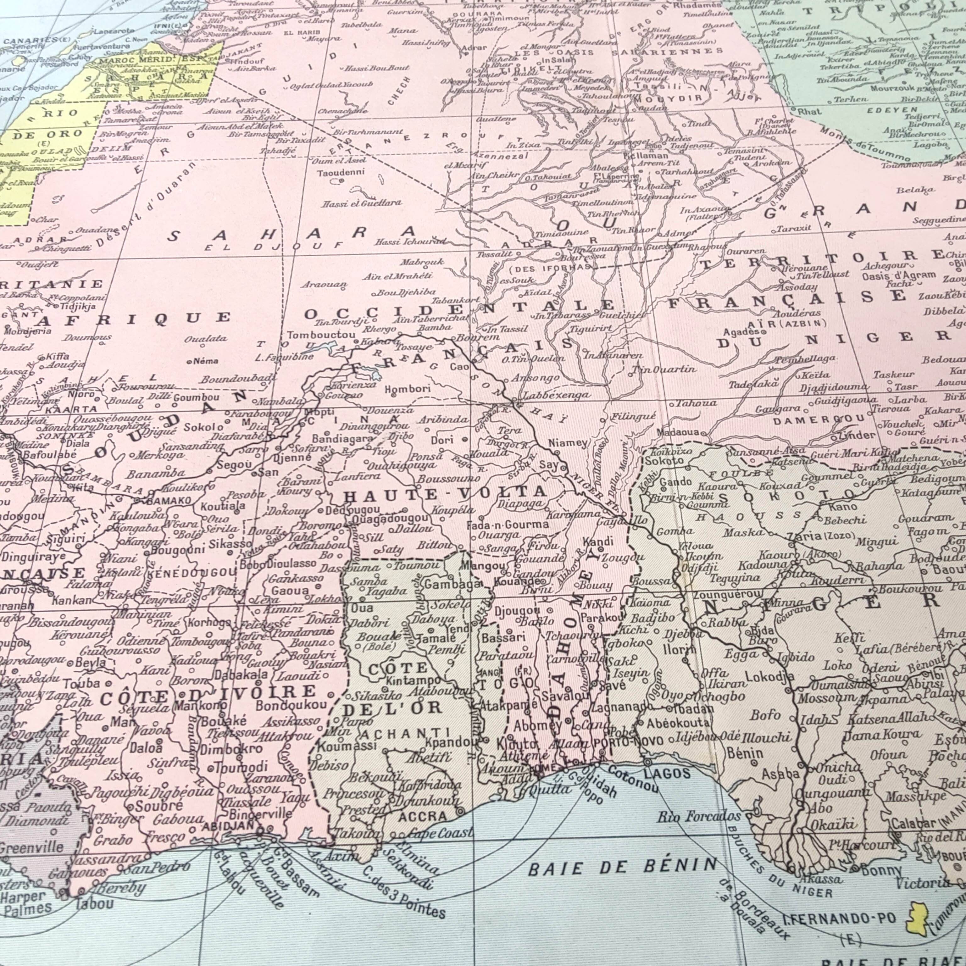 Antique map of French West and Equatorial Africa in 1950 43x43cm