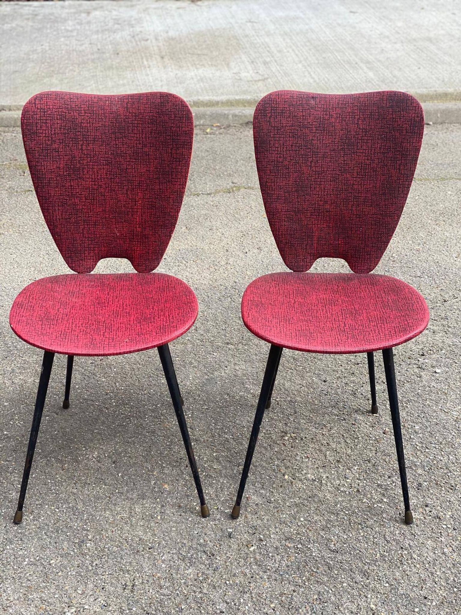 2 petal chairs in burgundy red skai leather and black metal 1950 Sery