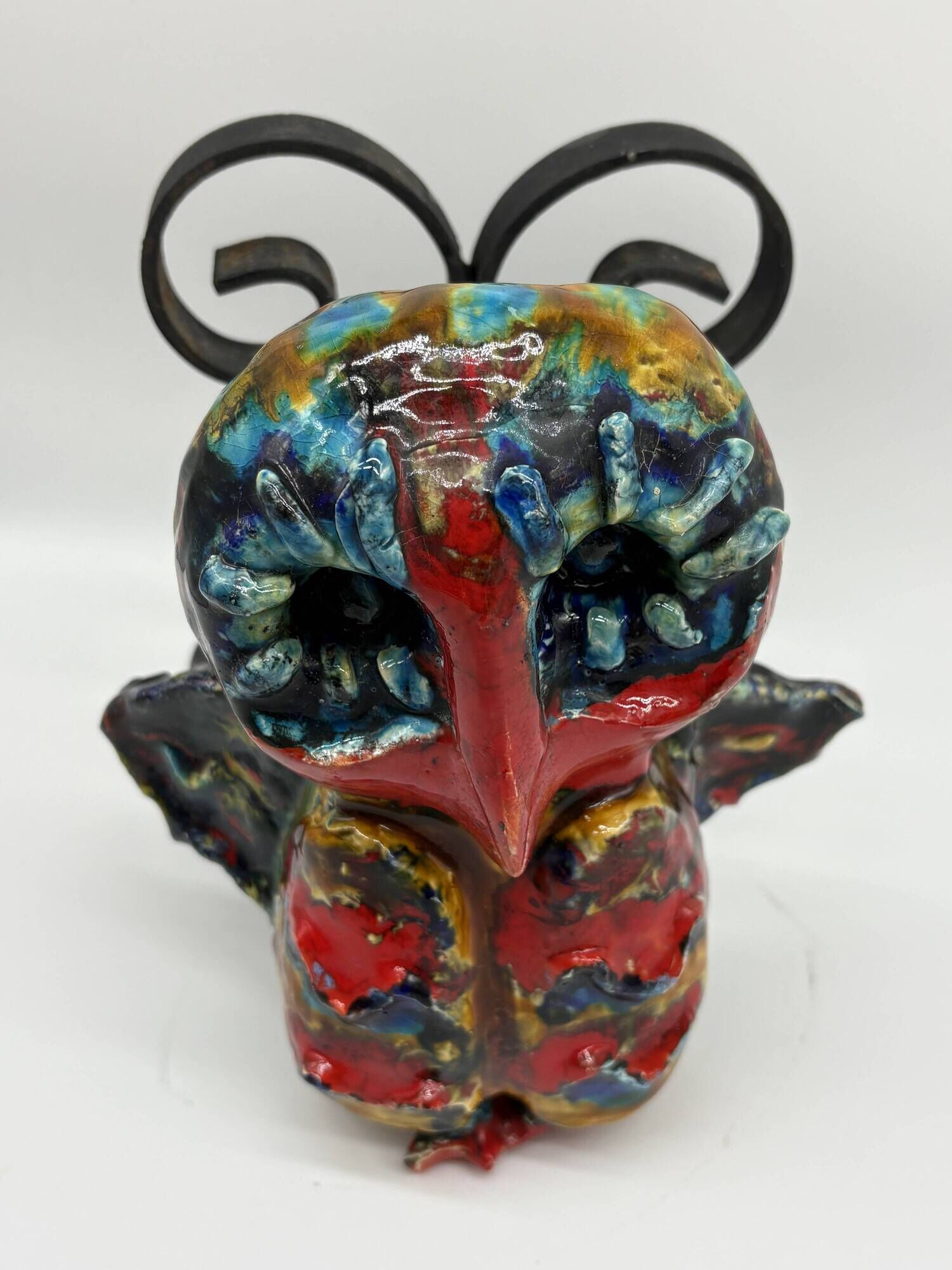 Owl Sculpture in Glazed Ceramic Dated 1991 on Wrought Iron Base