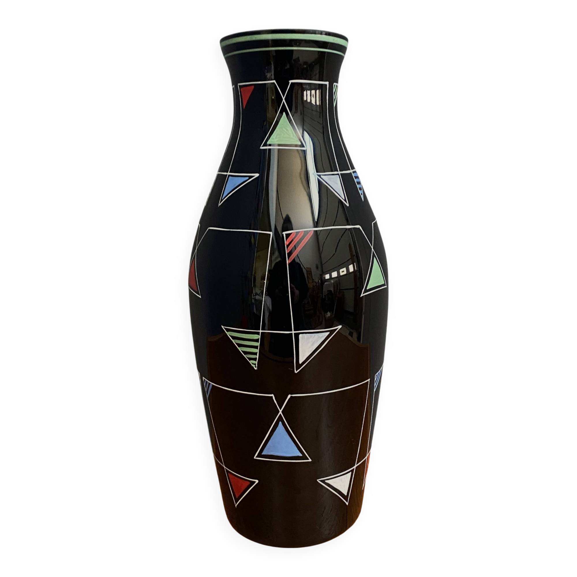 Black Glass vase with enamel decoration by VEB Wasungen 1970s