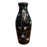 Black Glass vase with enamel decoration by VEB Wasungen 1970s