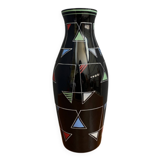 Vase en verre noir à décor émaillé par VEB Wasungen années 1970