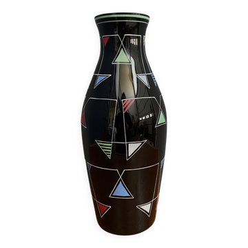 Black Glass vase with enamel decoration by VEB Wasungen 1970s