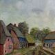Oil on panel small rural village, vintage framed painting from the 1950s-1970s.