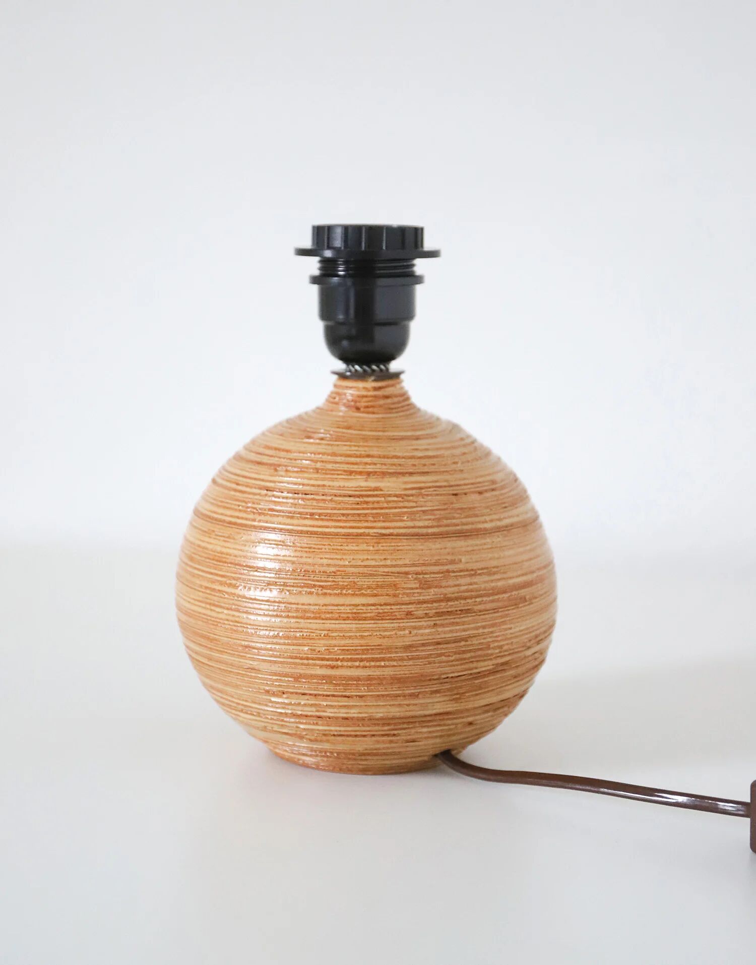 Recycled vintage lamp — honey ceramic base, natural linen shade