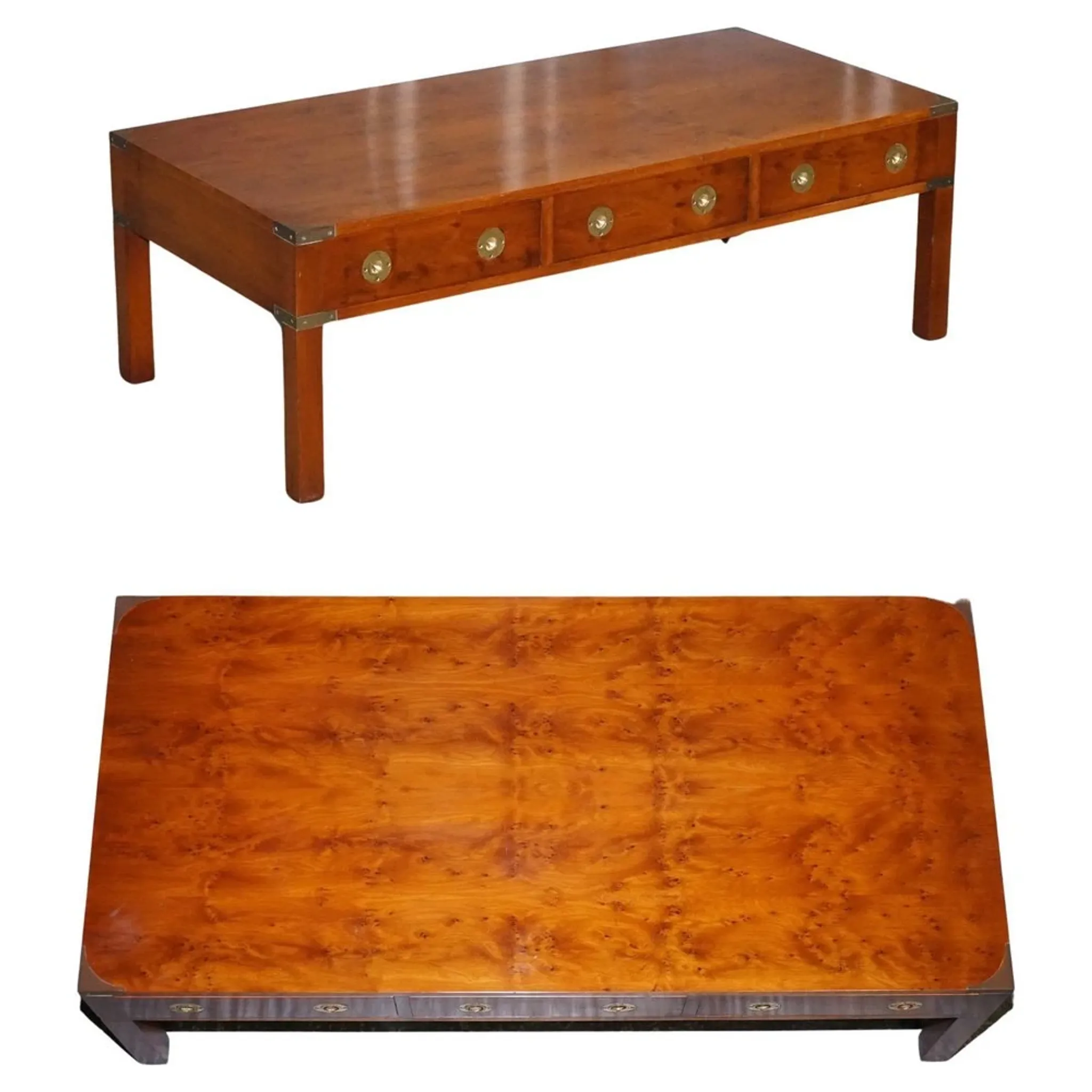 Coffee Table with 3 Drawers Military Campaign in Yew Wood, Elm and Brass, 1950s