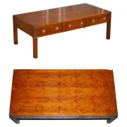 Coffee Table with 3 Drawers Military Campaign in Yew Wood, Elm and Brass, 1950s