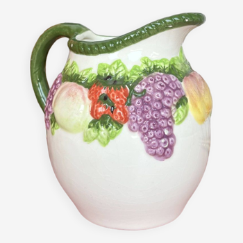 Vintage earthenware pitcher slip fruit pattern braided edging cottage core style