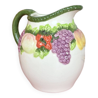 Vintage earthenware pitcher slip fruit pattern braided edging cottage core style