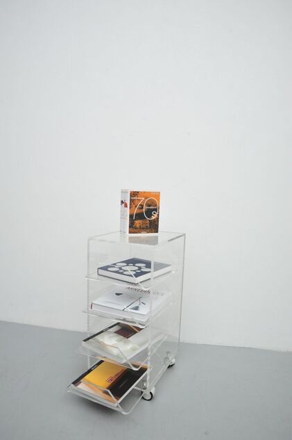 Acrylic rolling table with four drawers, Spage Age 1970s