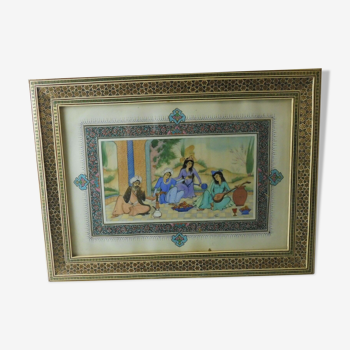 Ancien tableau, peinture sur papier de riz, marqueterie Iran, XIXème