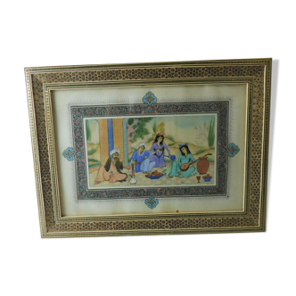 Ancien tableau, peinture sur papier de riz, marqueterie Iran, XIXème