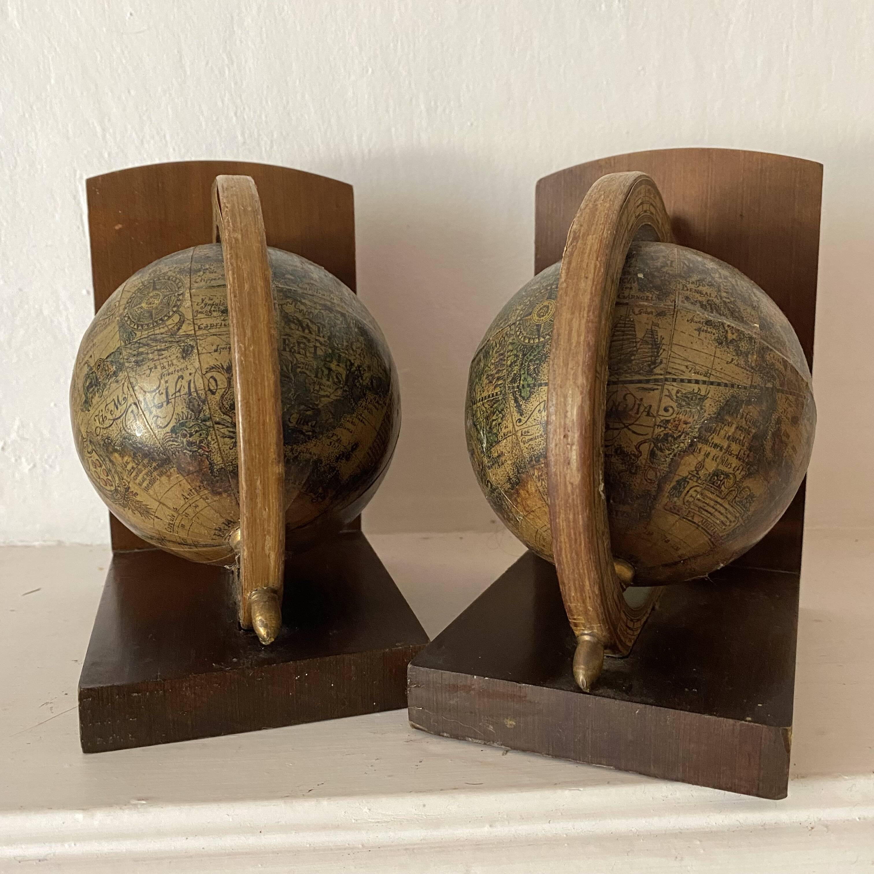 Vintage world map bookends terrestrial globes