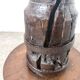 Solid oak press stool, metal base, 19th century.