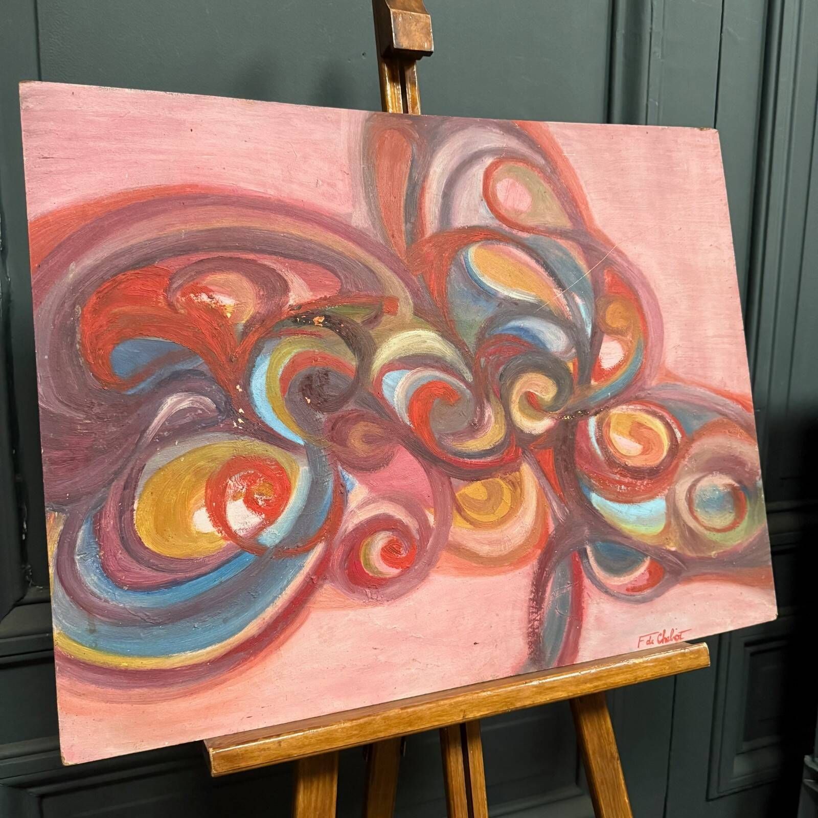 Oil on cardboard modern composition by François de Chabot 1960-70