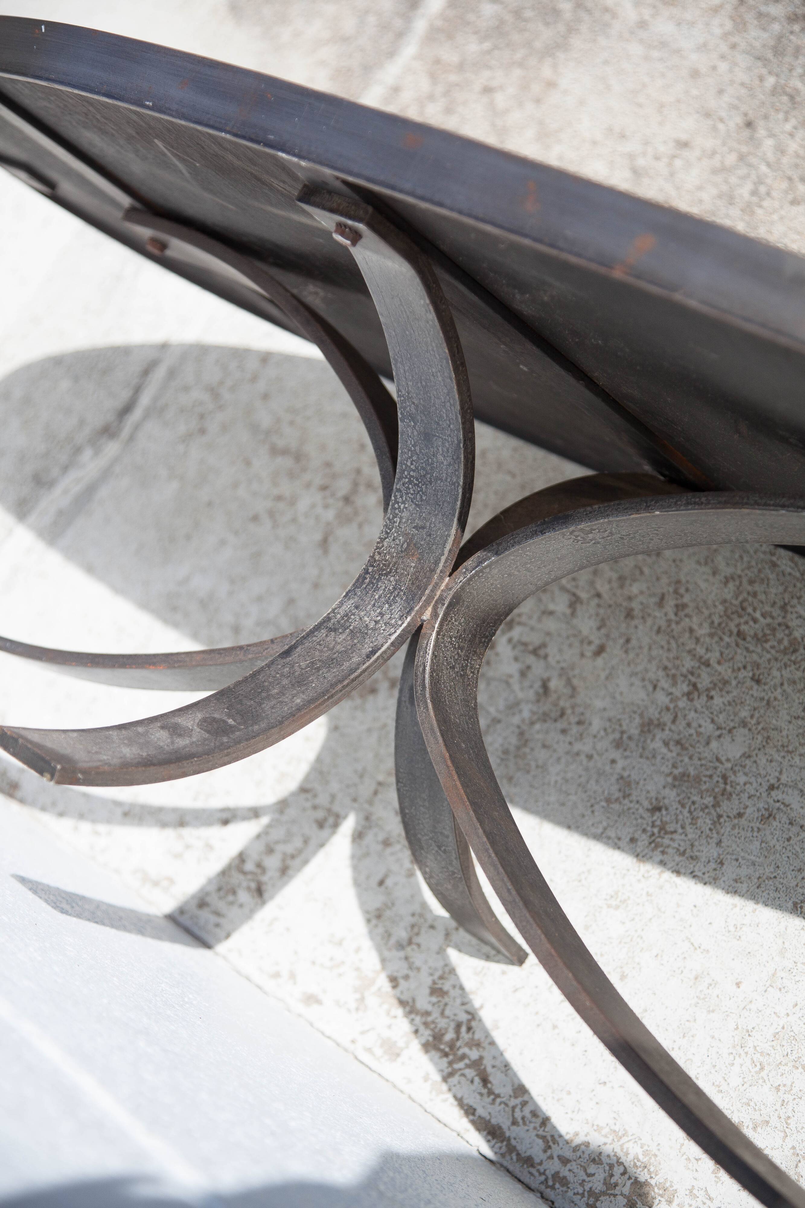 Jean Jaffeux coffee table, glazed lava stone table with wrought iron structure, 60's