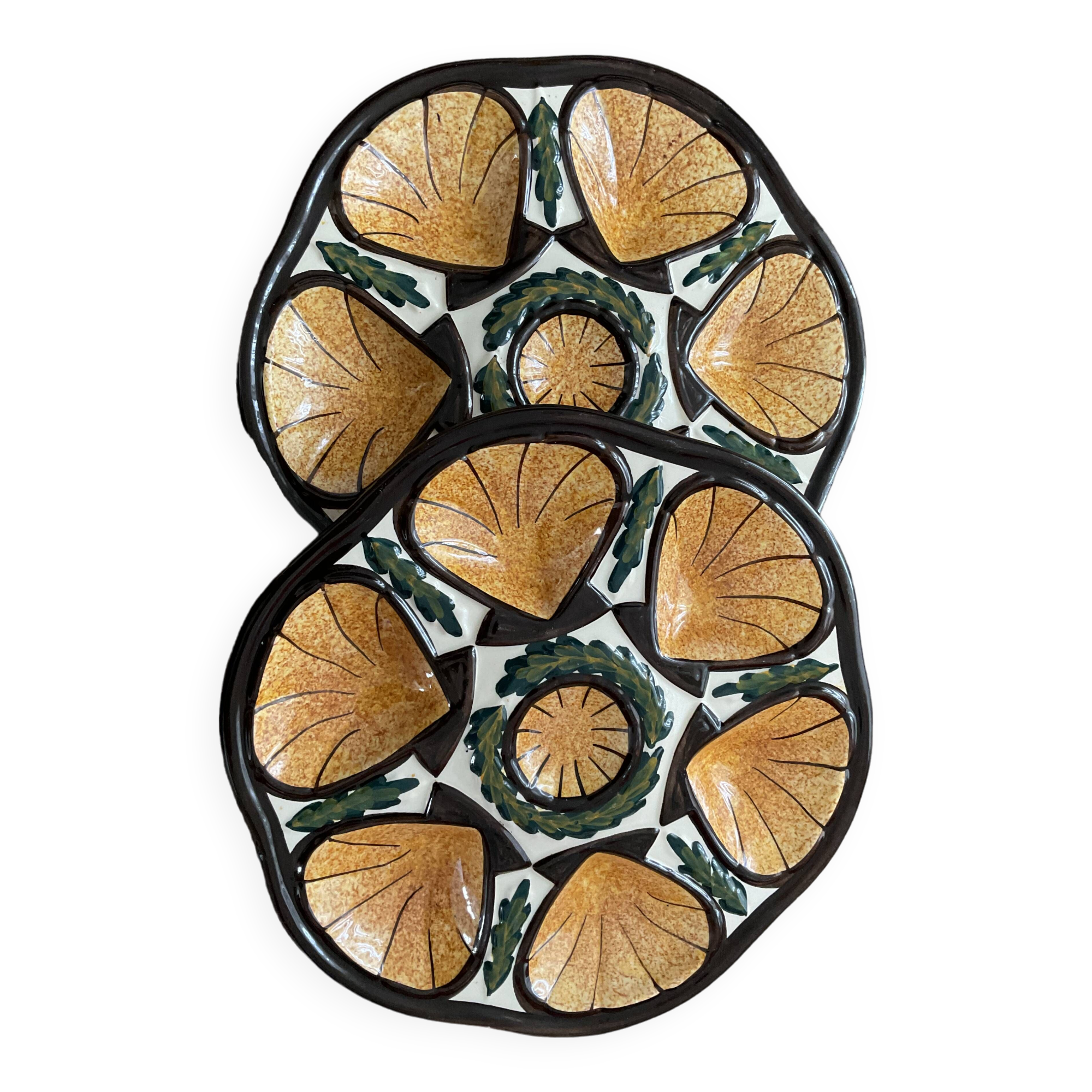 Deux assiettes à huîtres faïence Saint-Jean de Bretagne vintage motif peint à la main Quimper