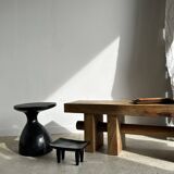Solid wood bench with openwork base crossed by a cylinder - Mango wood
