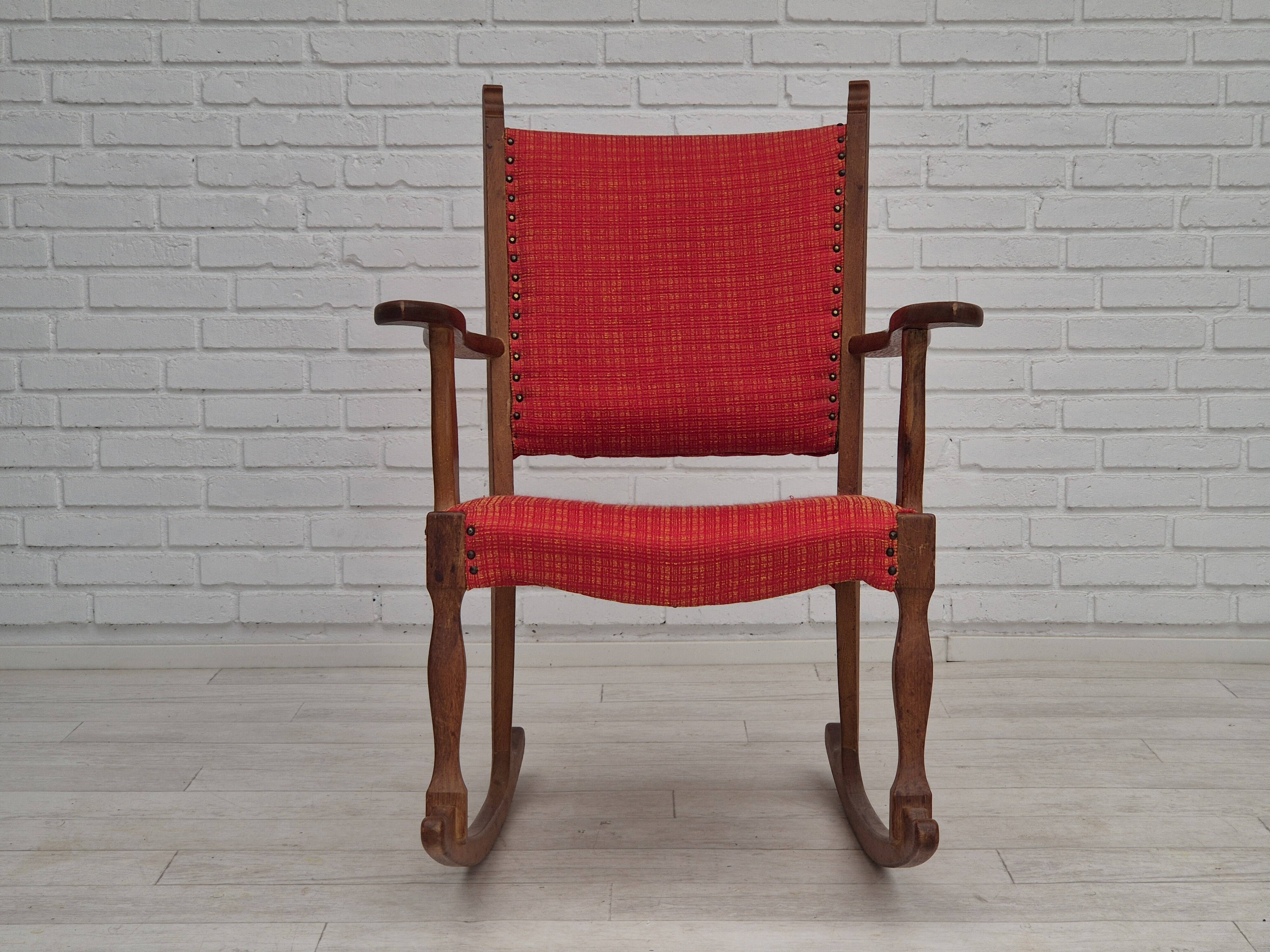 11960s, Danish rocking chair, original good condition, solid oak wood, furniture wool fabric.