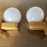 Pair of Scandinavian wall lights in pine and white opaline, 1980s.