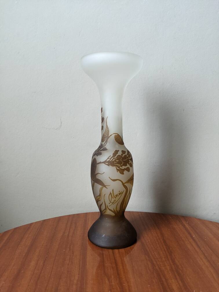 Art Deco glass paste vase signed Macau, Gallé inspiration, plant decoration