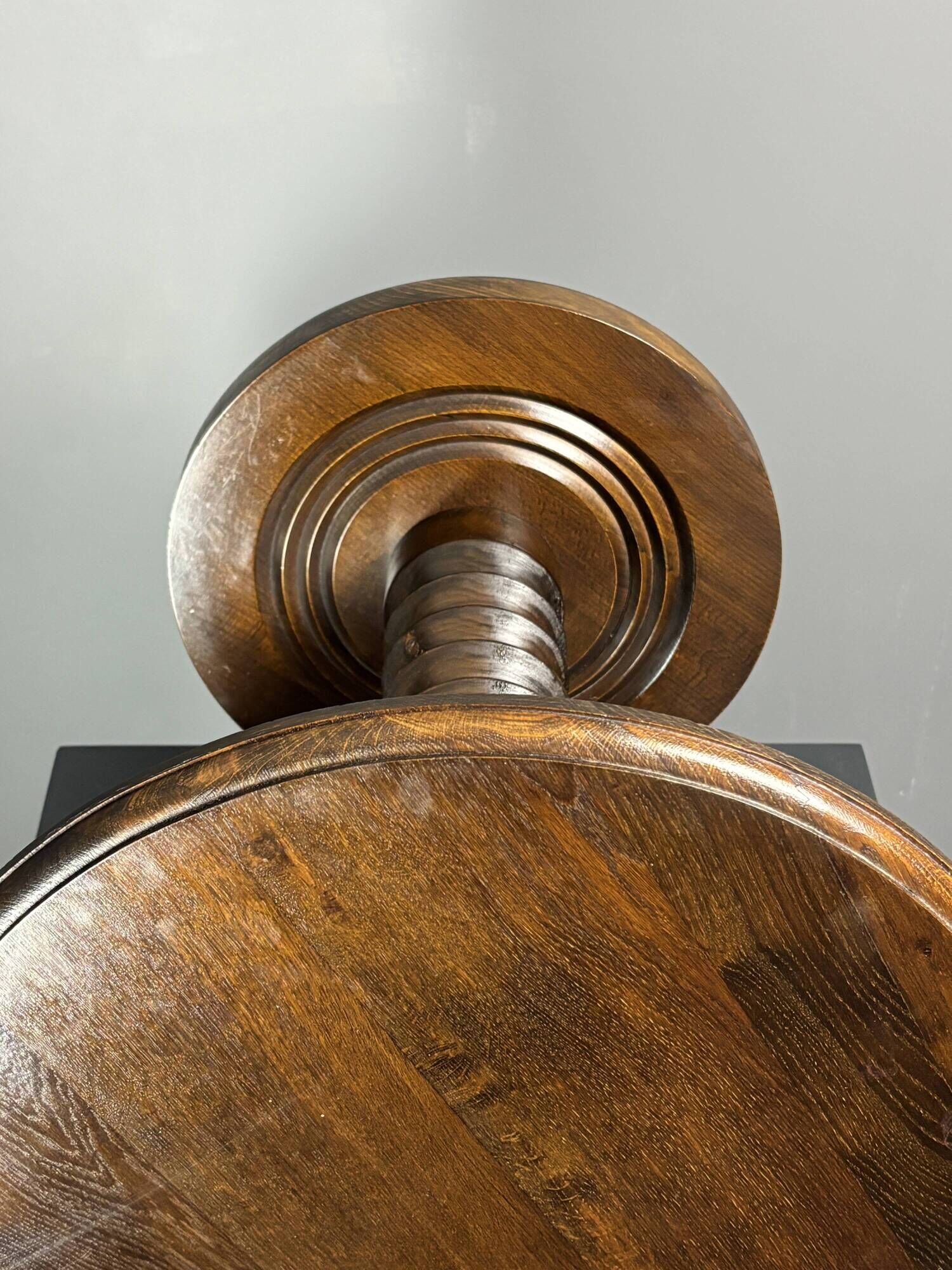 Midcentury brutalist wood turned side table, Charles Dudouyt style, 1950s