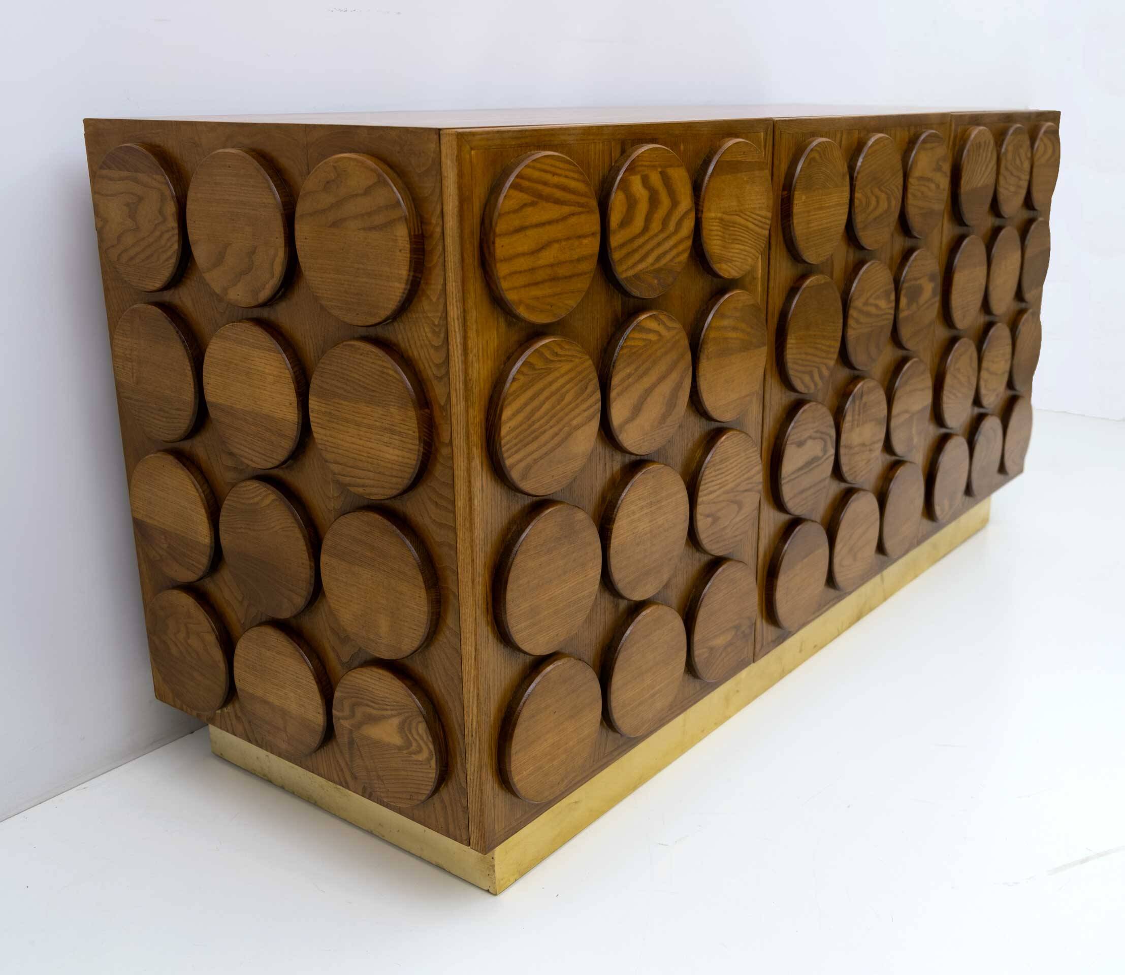 Brutalist Italian Chestnut Wood and Brass Bar Cabinet, 1970s