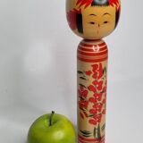 Traditional Japanese Kokeshi Doll Signed Hand Painted with Flower Decor, 31cm